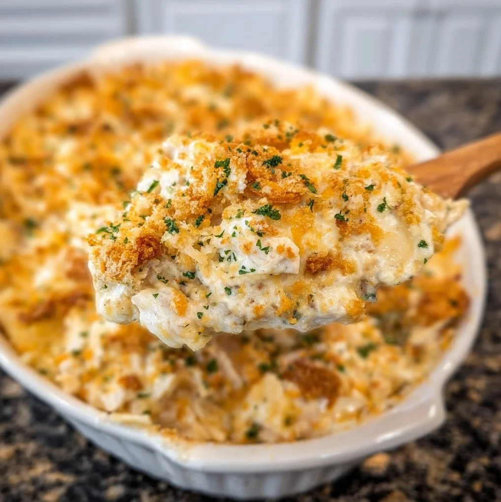 Delicious Million Dollar Chicken Casserole served in a baking dish