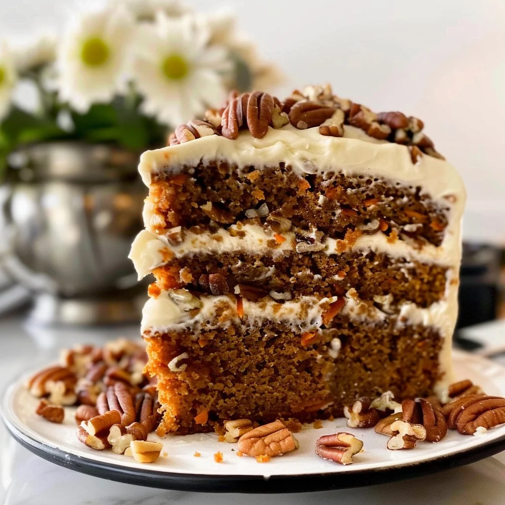 Moist carrot cake slice with cream cheese frosting on a white plate