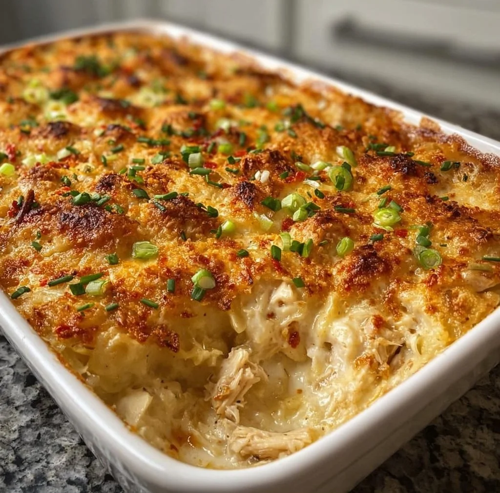 Delicious Neiman Marcus chicken casserole served in a baking dish.