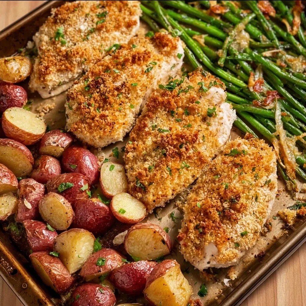 Delicious Parmesan Crusted Chicken on a sheet pan with vegetables