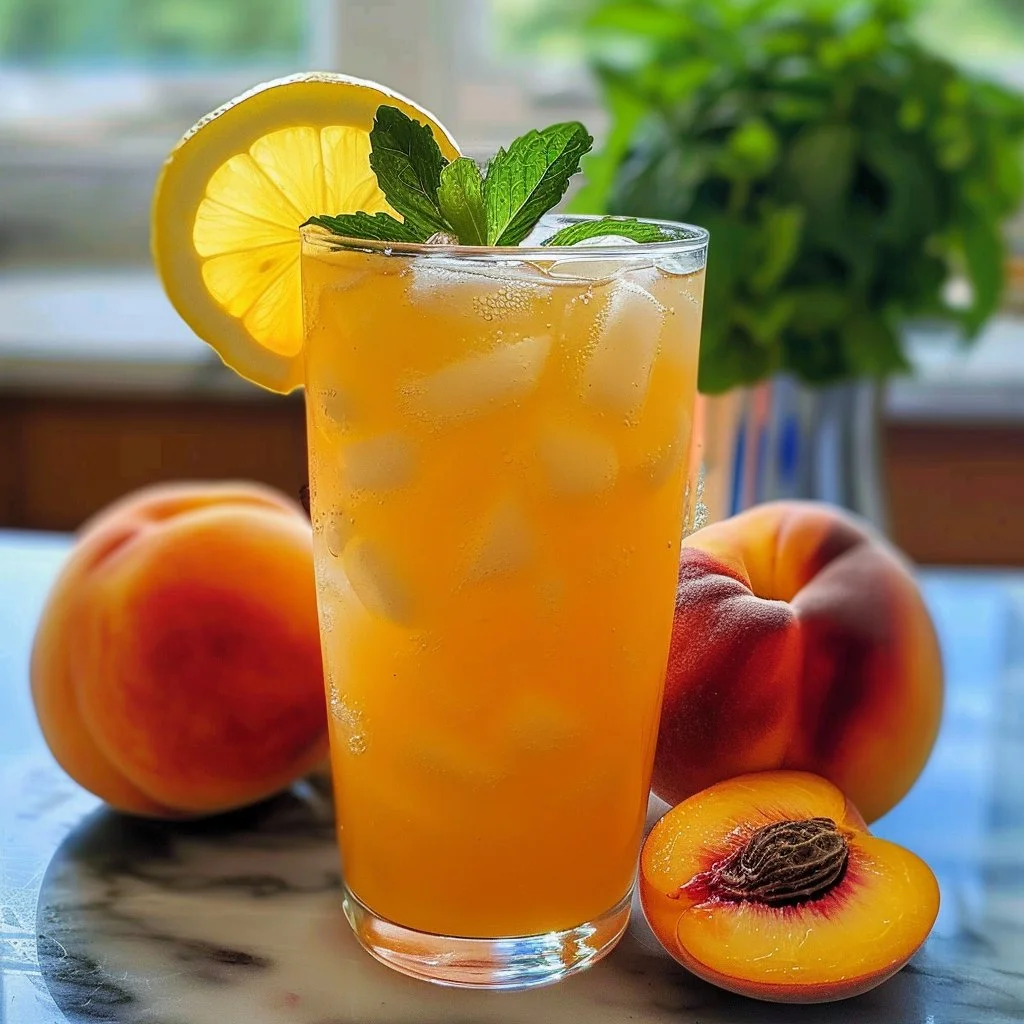 Refreshing Peach Lemonade in a glass with peaches and lemons on the side.
