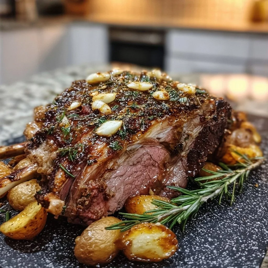 Perfectly roasted leg of lamb garnished with garlic for a delicious meal