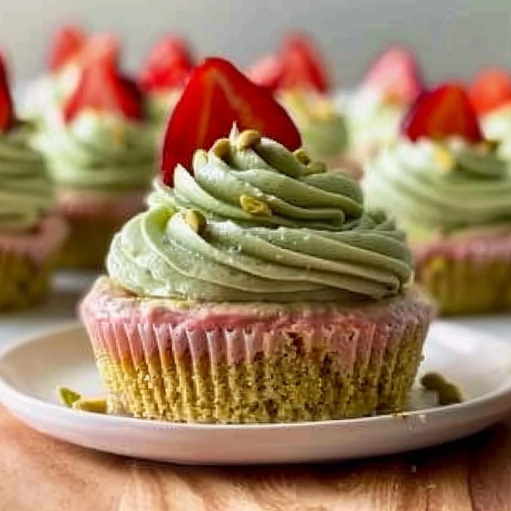 Pistachio cupcakes with strawberry buttercream frosting on a decorative plate.