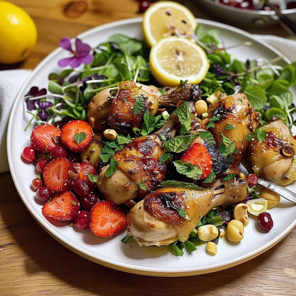 Delicious pot-roasted chicken garnished with strawberries and tarragon on a serving platter.