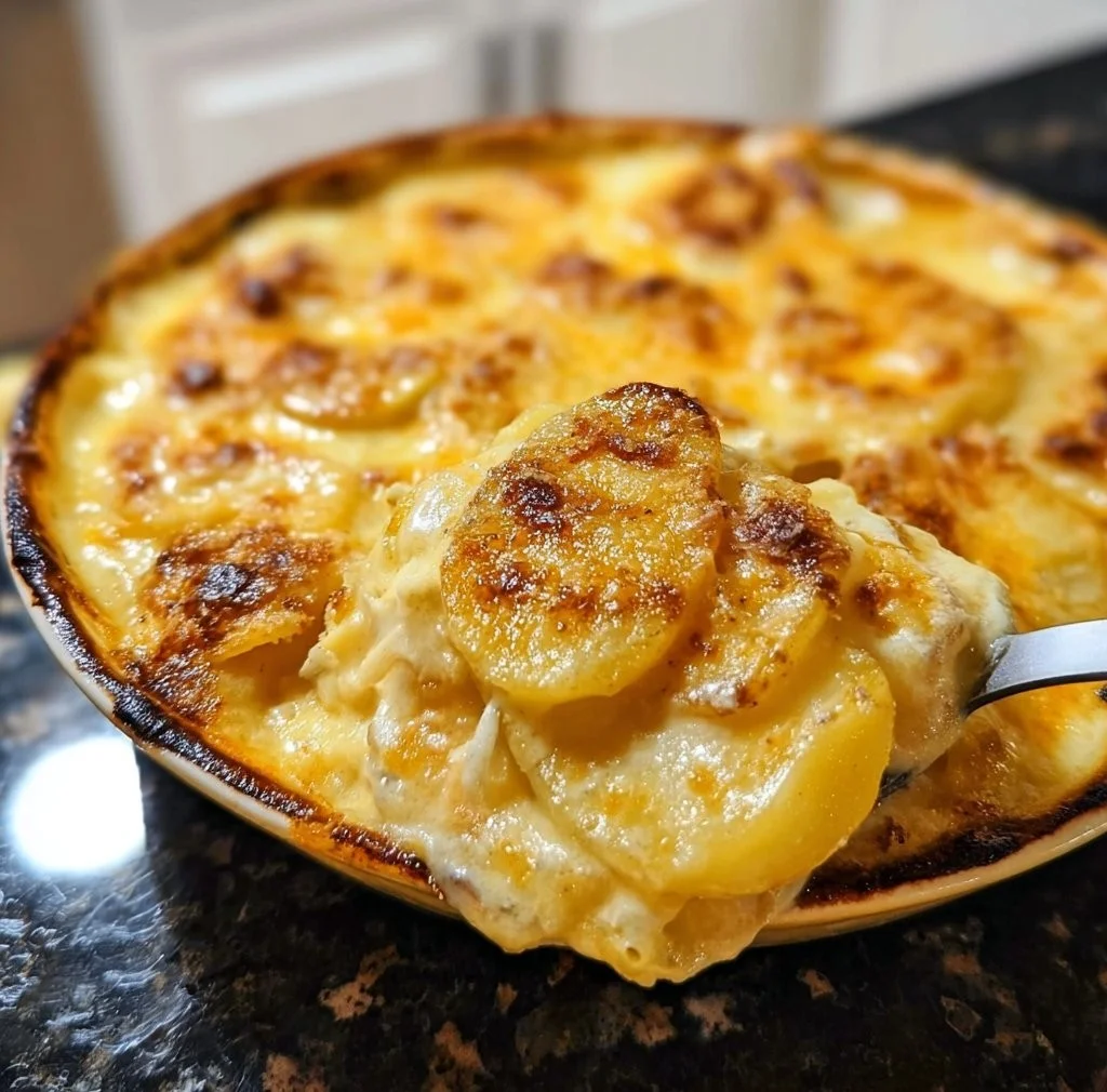 Creamy Potatoes Au Gratin baked to golden perfection with cheese.