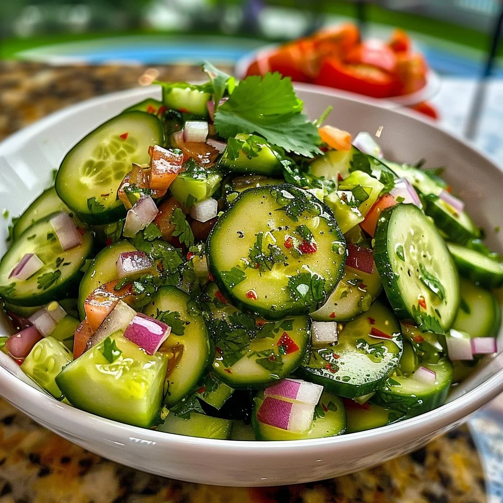 Refreshing cucumber salad with fresh vegetables and herbs
