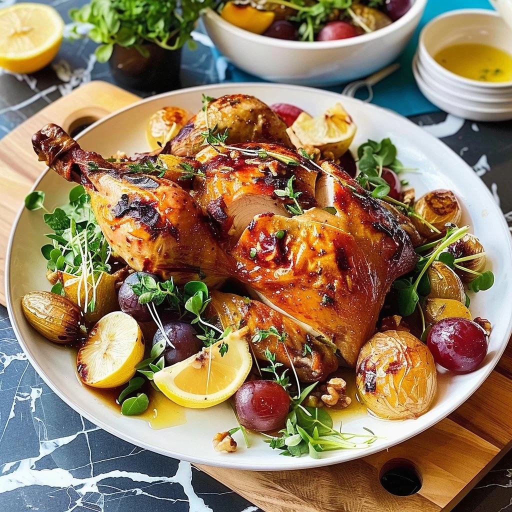 Roast chicken served with witlof grape walnut salad on a plate