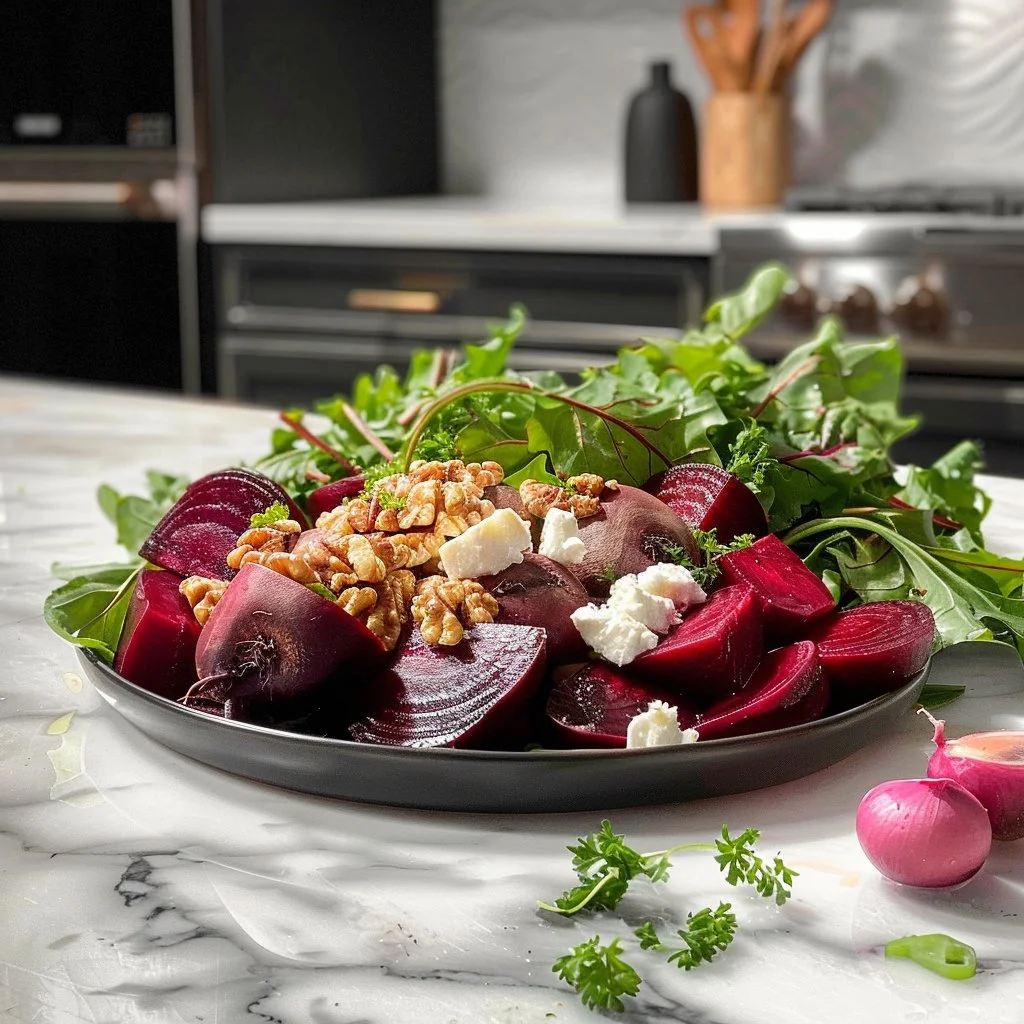 Roasted beet salad with greens and feta cheese on a white plate