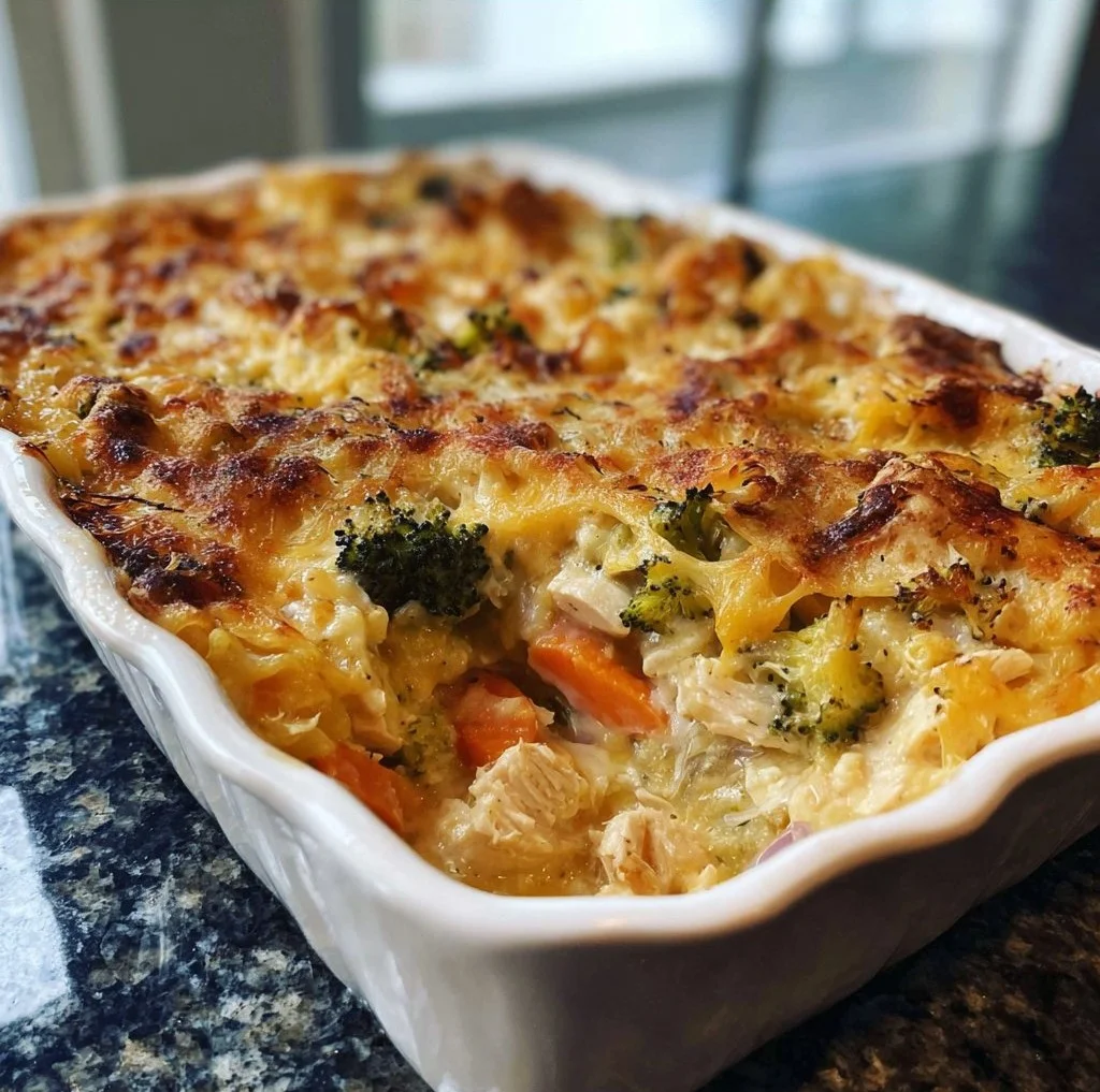 Delicious Rotisserie Chicken Casserole baked with cheese and veggies.