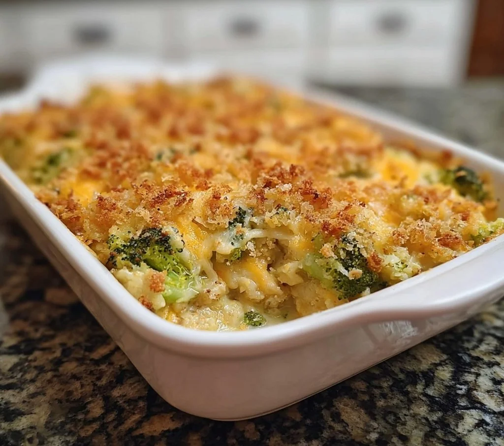 Savory broccoli casserole with cream of chicken soup baked to perfection.