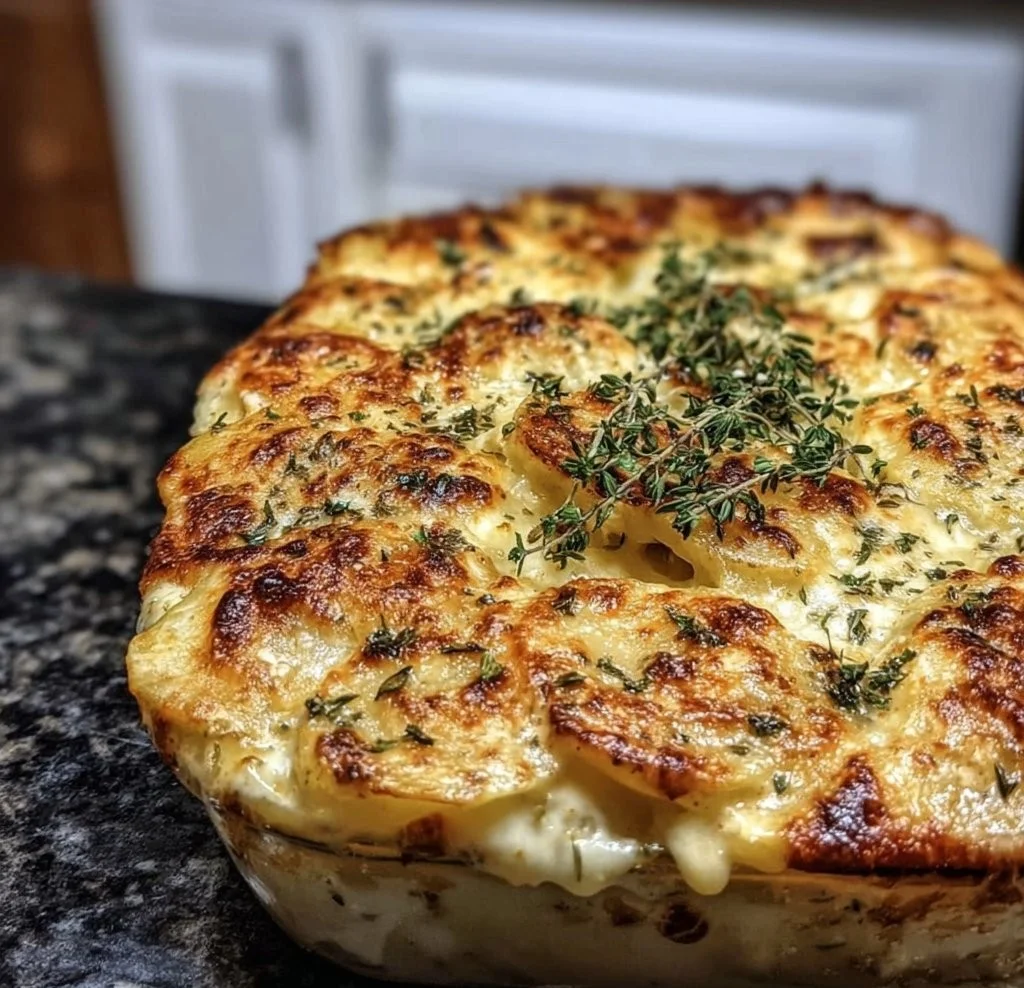 Creamy scalloped potatoes topped with melted Gruyere cheese in a baking dish