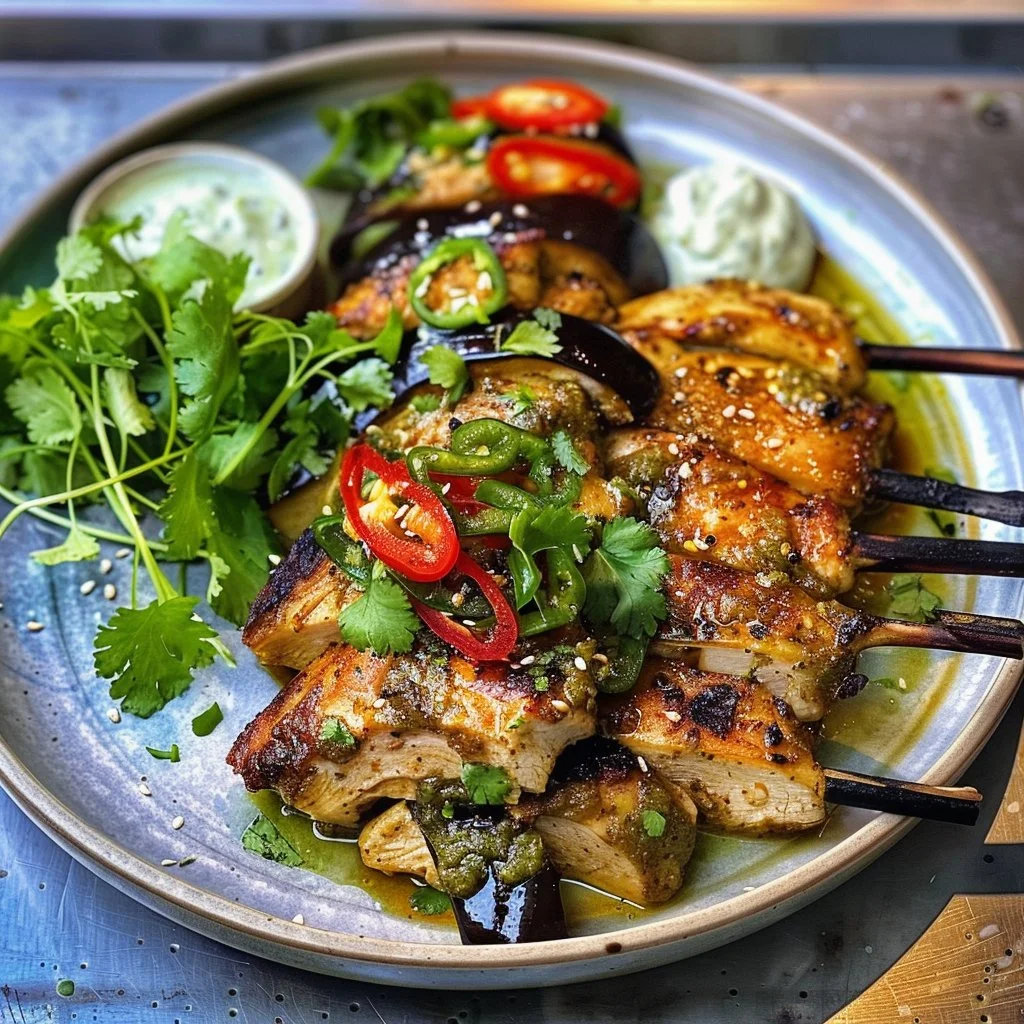 Spiced chicken and eggplant skewers ready for grilling, showcasing vibrant flavors.