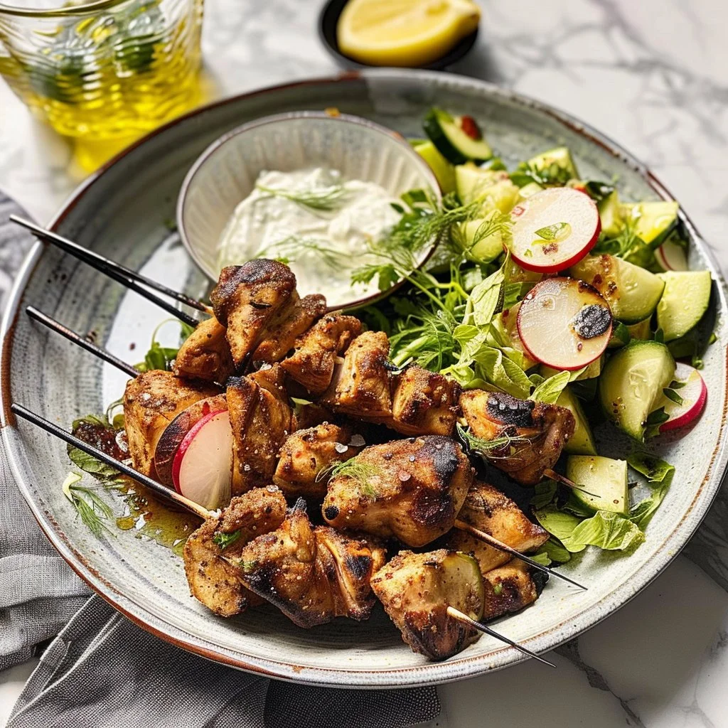 Delicious spiced chicken skewers served with fennel fattoush salad