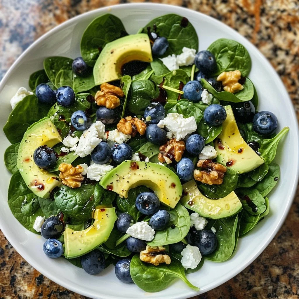 Fresh spinach blueberry salad with nuts and dressing