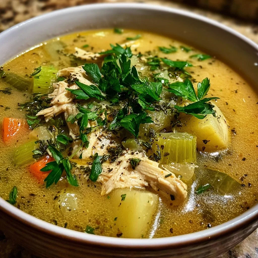 Bowl of spring chicken and leek soup with fresh herbs and vegetables.