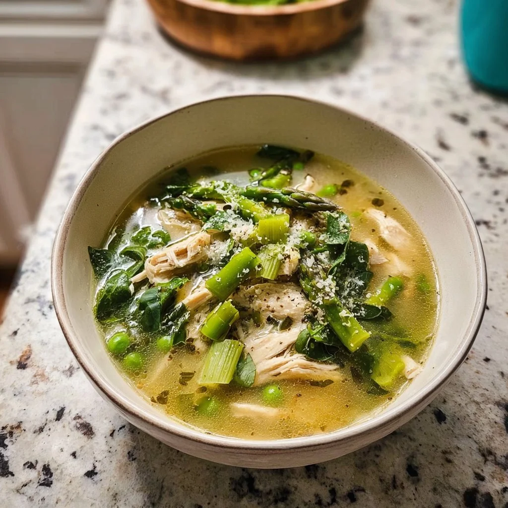 A bowl of Spring Green Soup with Chicken garnished with fresh herbs and vegetables.
