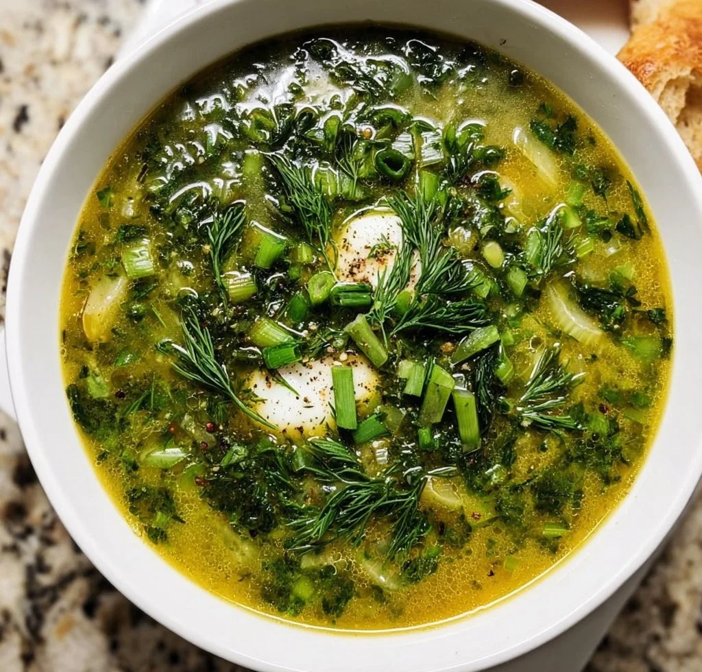 Bowl of spring herbs soup with fresh vegetables and herbs
