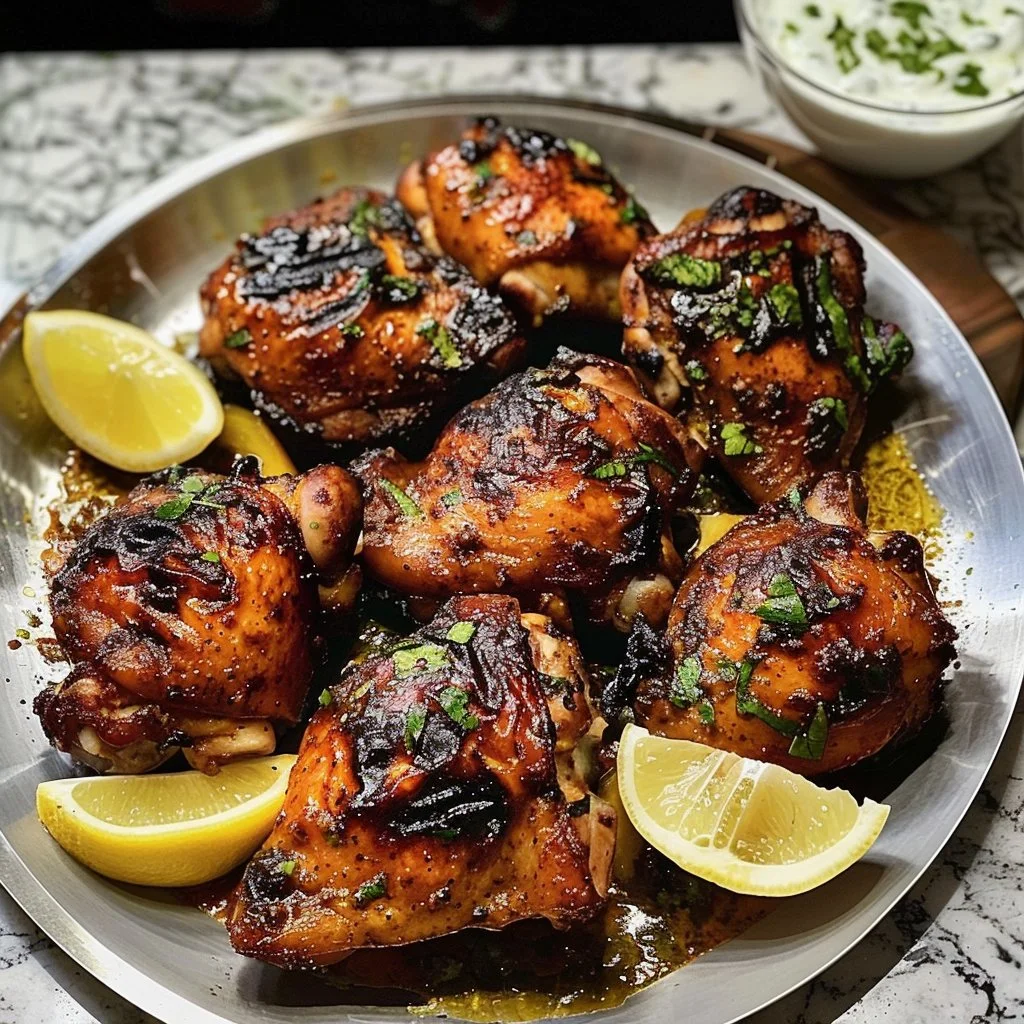 Delicious tandoori chicken served with vibrant spices and garnishes