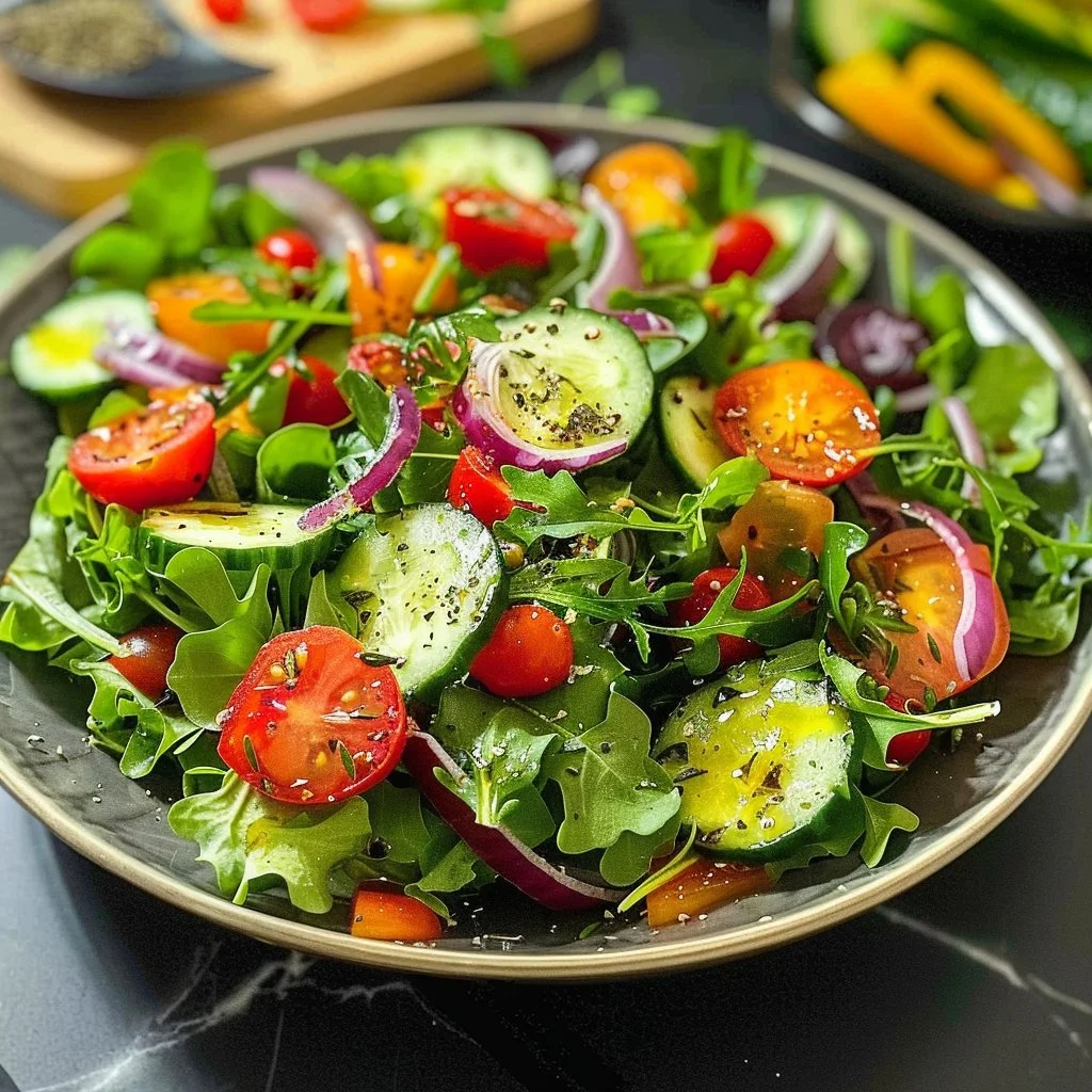 A vibrant garden salad featuring fresh vegetables and greens in a colorful mix.