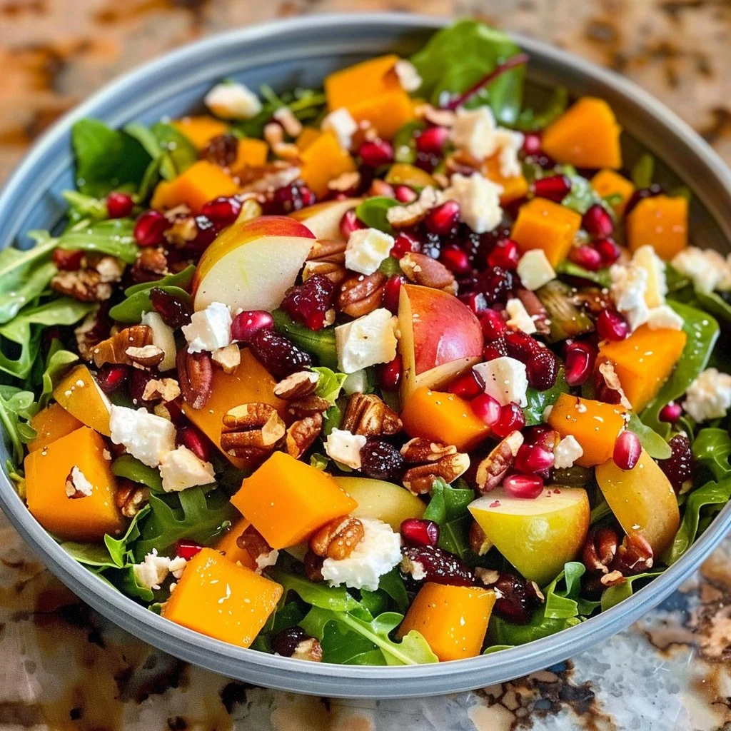 Winter Roasted Butternut Squash Salad with greens and toppings