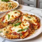 Baked Chicken Parmesan served with marinara sauce and melted cheese