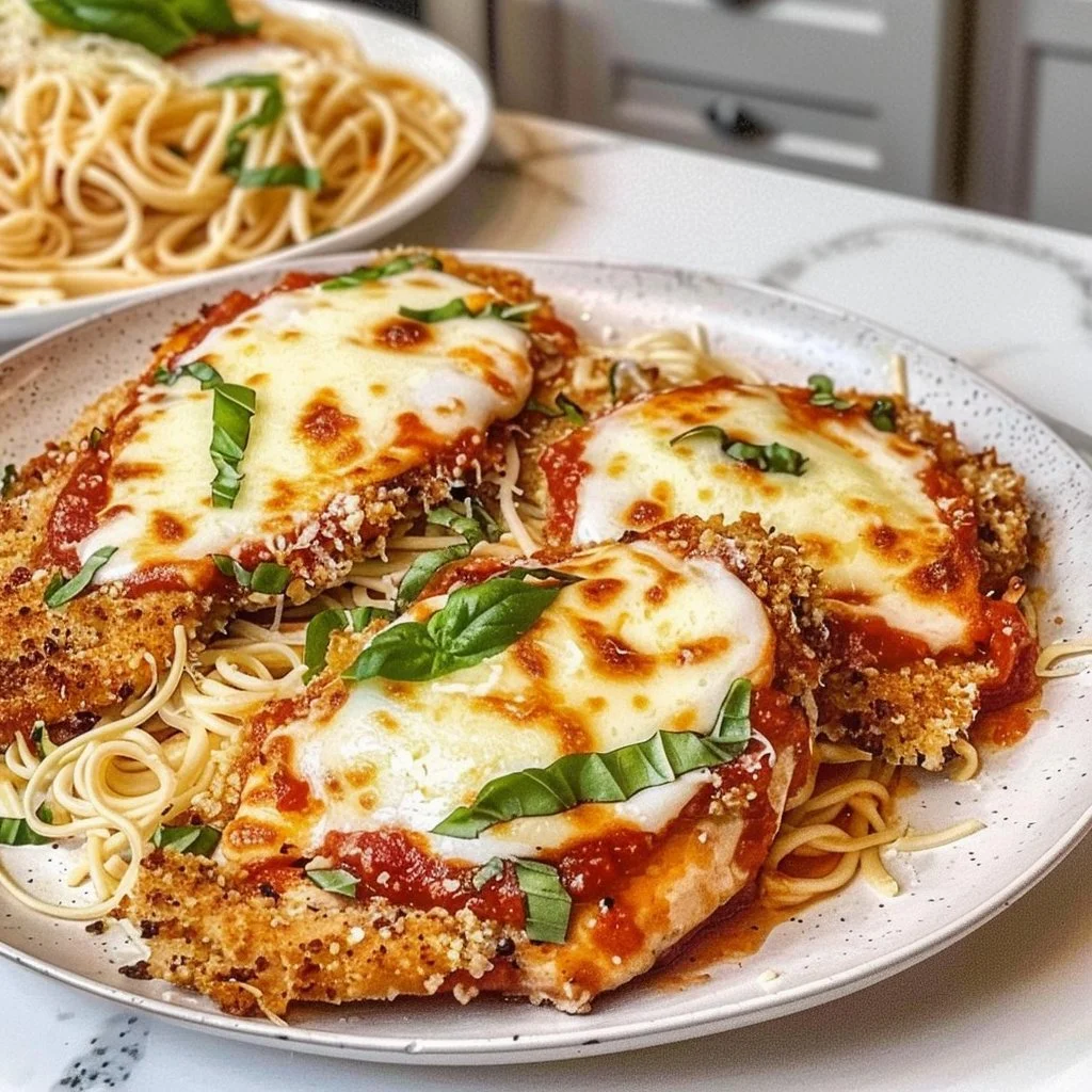Baked Chicken Parmesan served with marinara sauce and melted cheese