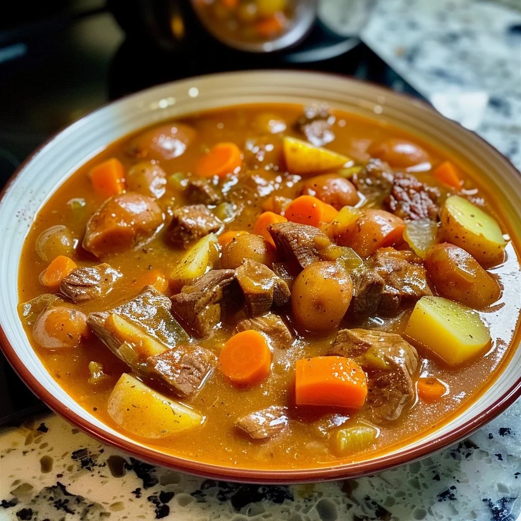 Delicious bowl of hearty beef stew with vegetables and herbs