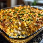 Delicious chicken casserole served in a baking dish, topped with cheese