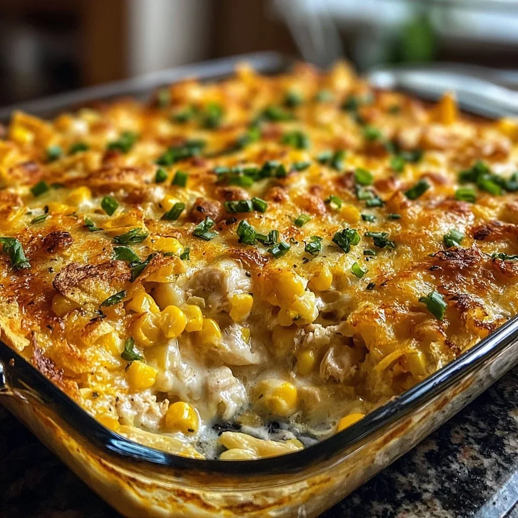 Delicious chicken casserole served in a baking dish, topped with cheese