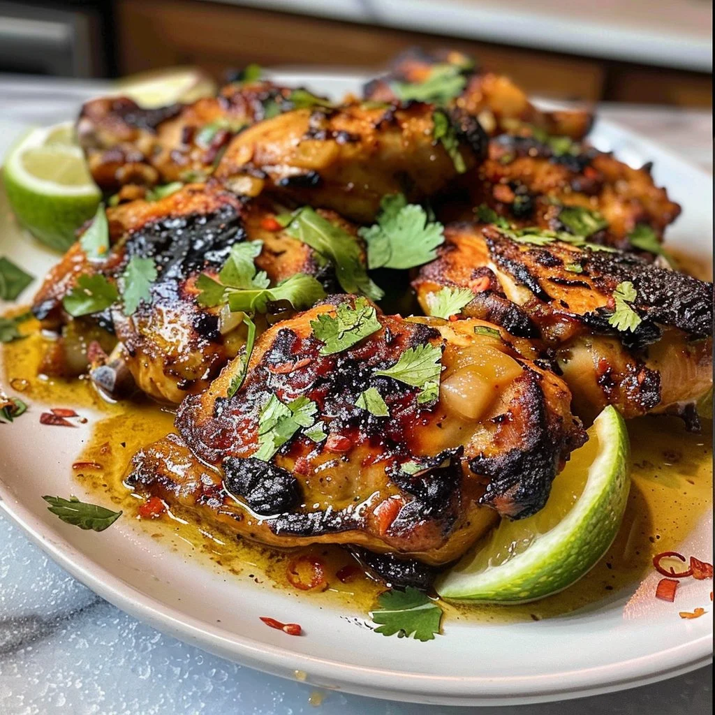 Plate of Coconut Marinated Chicken garnished with fresh herbs.