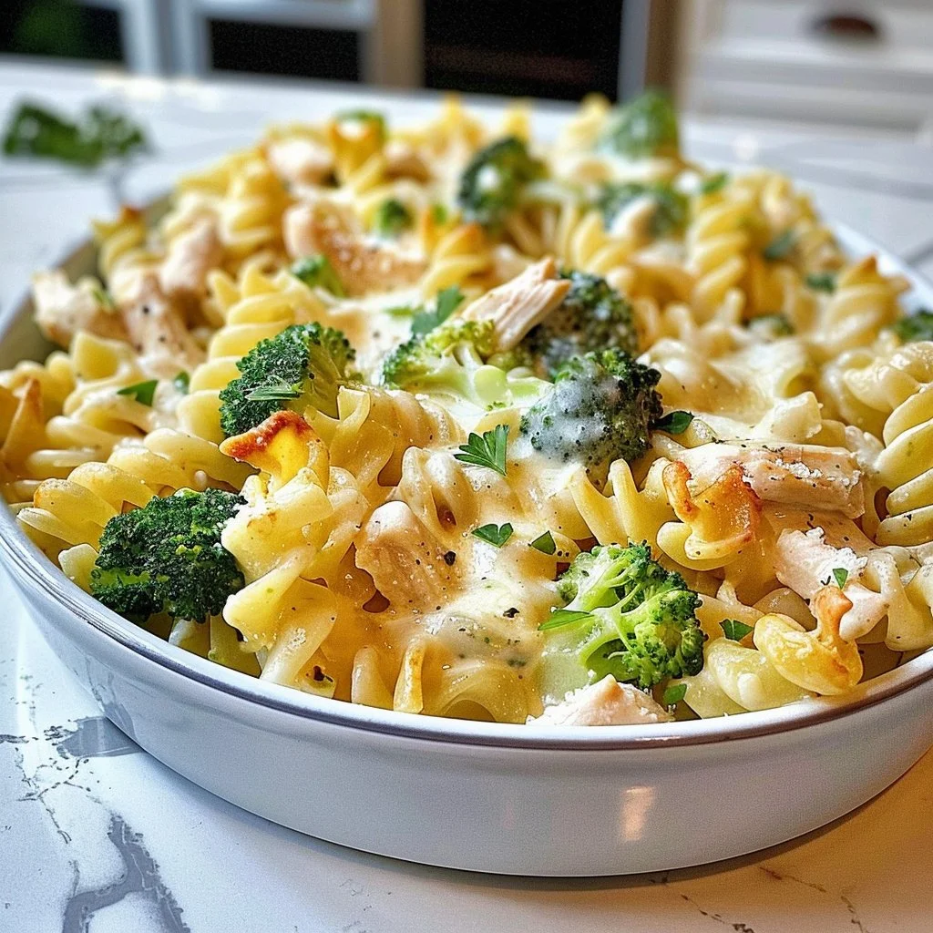 Cozy kid-friendly chicken alfredo served with pasta and fresh parsley.