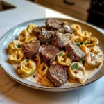 Delicious Garlic Steak Tortellini in creamy sauce with garlic flavor