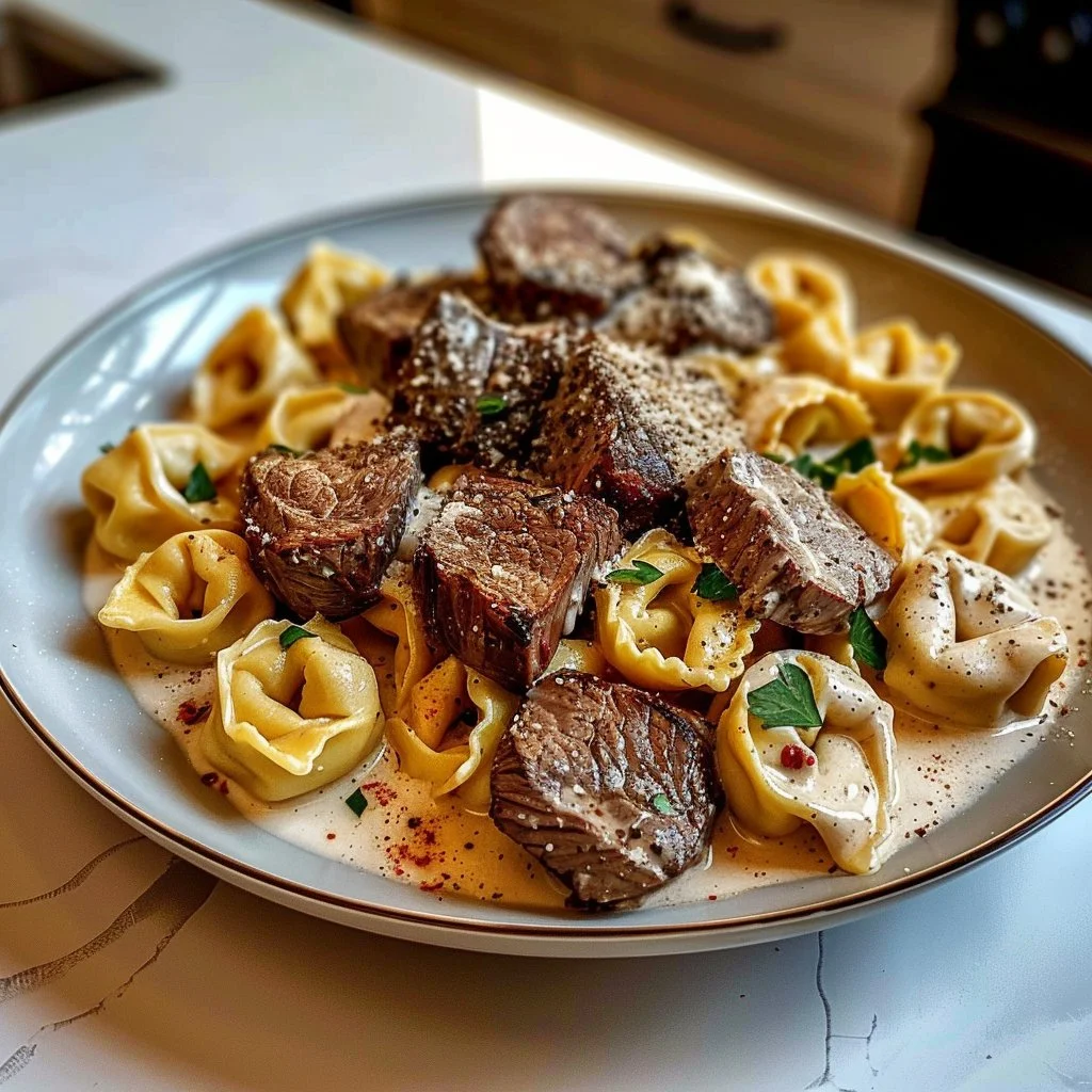 Delicious Garlic Steak Tortellini in creamy sauce with garlic flavor