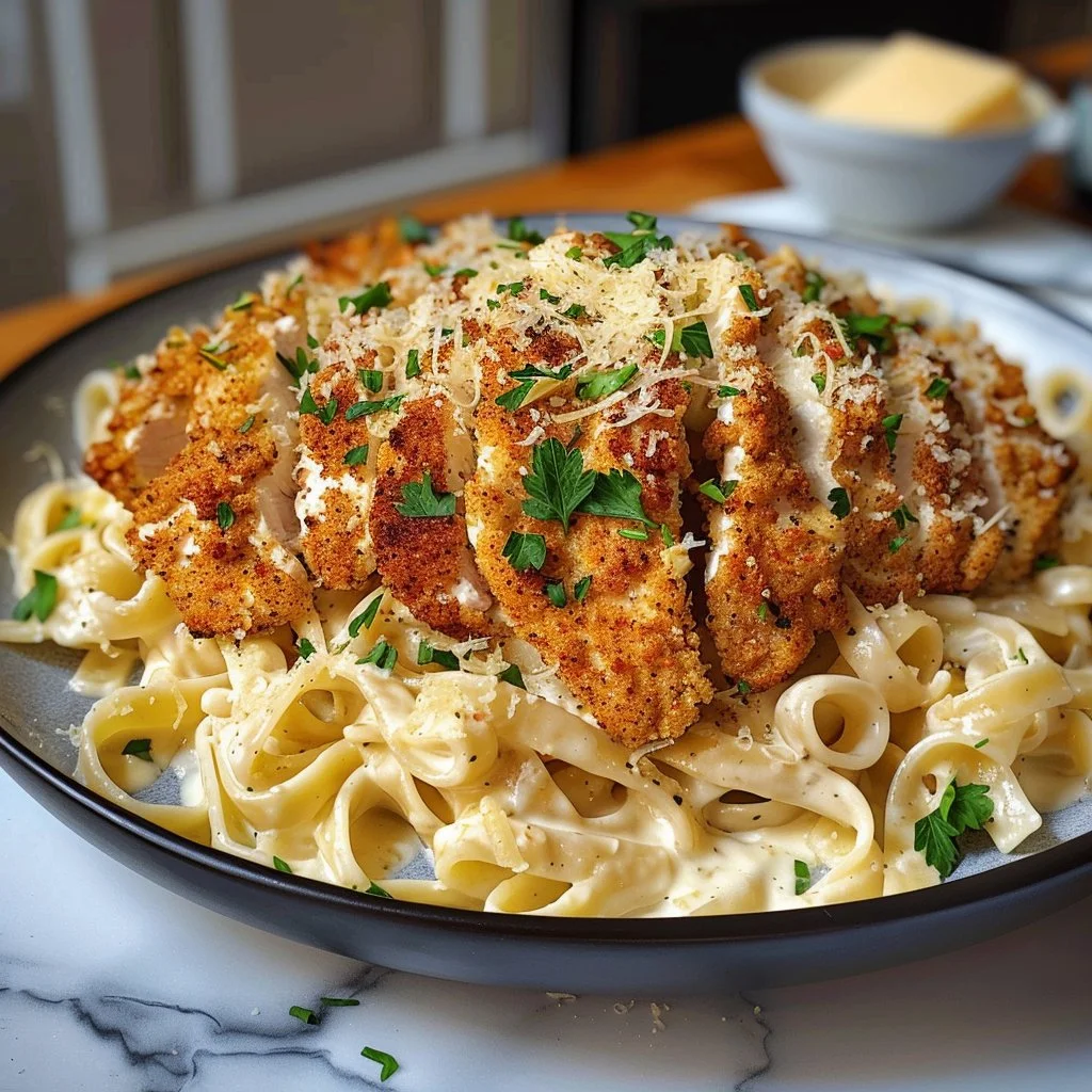Delicious crispy chicken fettuccine alfredo with creamy sauce and pasta