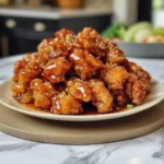 Plate of Crispy Chinese Honey Chicken garnished with sesame seeds