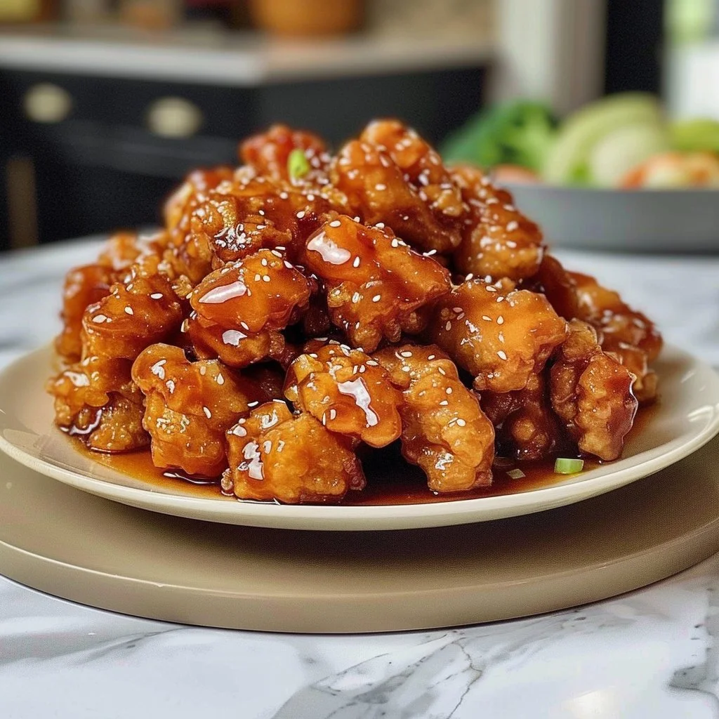 Plate of Crispy Chinese Honey Chicken garnished with sesame seeds