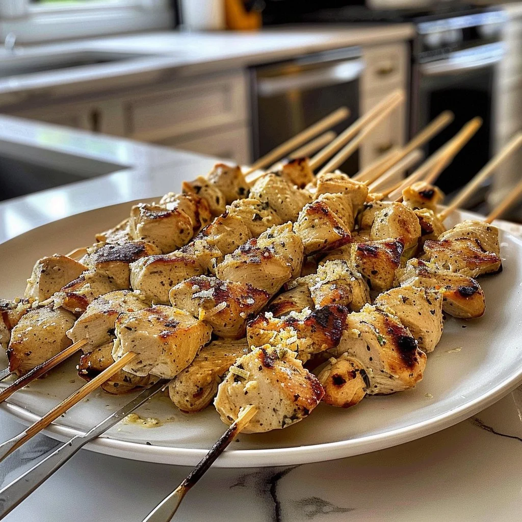 Delicious chicken skewers ready for grilling, perfect for family meals.