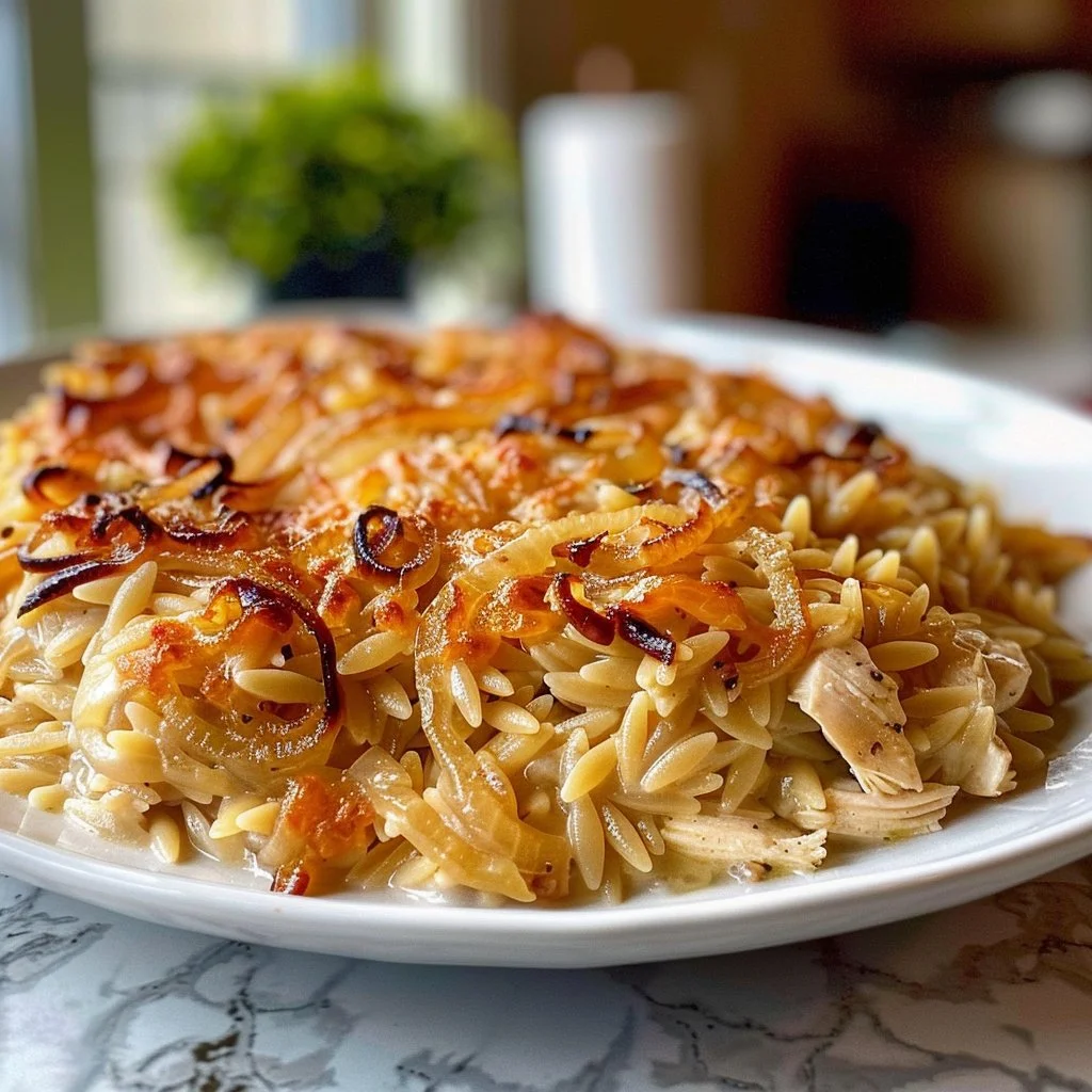 Delicious French onion chicken orzo casserole topped with melted cheese.