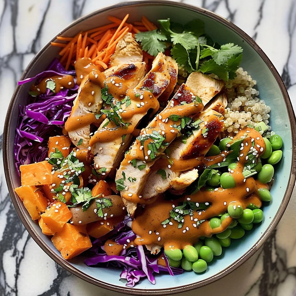 High protein chicken Buddha bowl with colorful vegetables and grains.