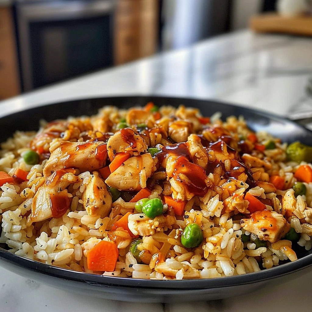 Bowl of homemade honey BBQ rice garnished with green onions.