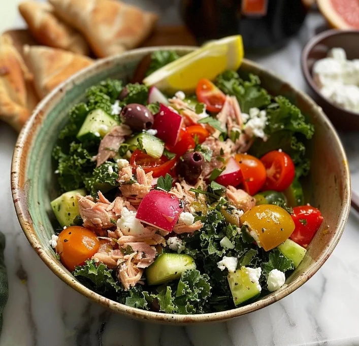 Mediterranean Tuna Salad with Creamy Feta Dressing in a bowl