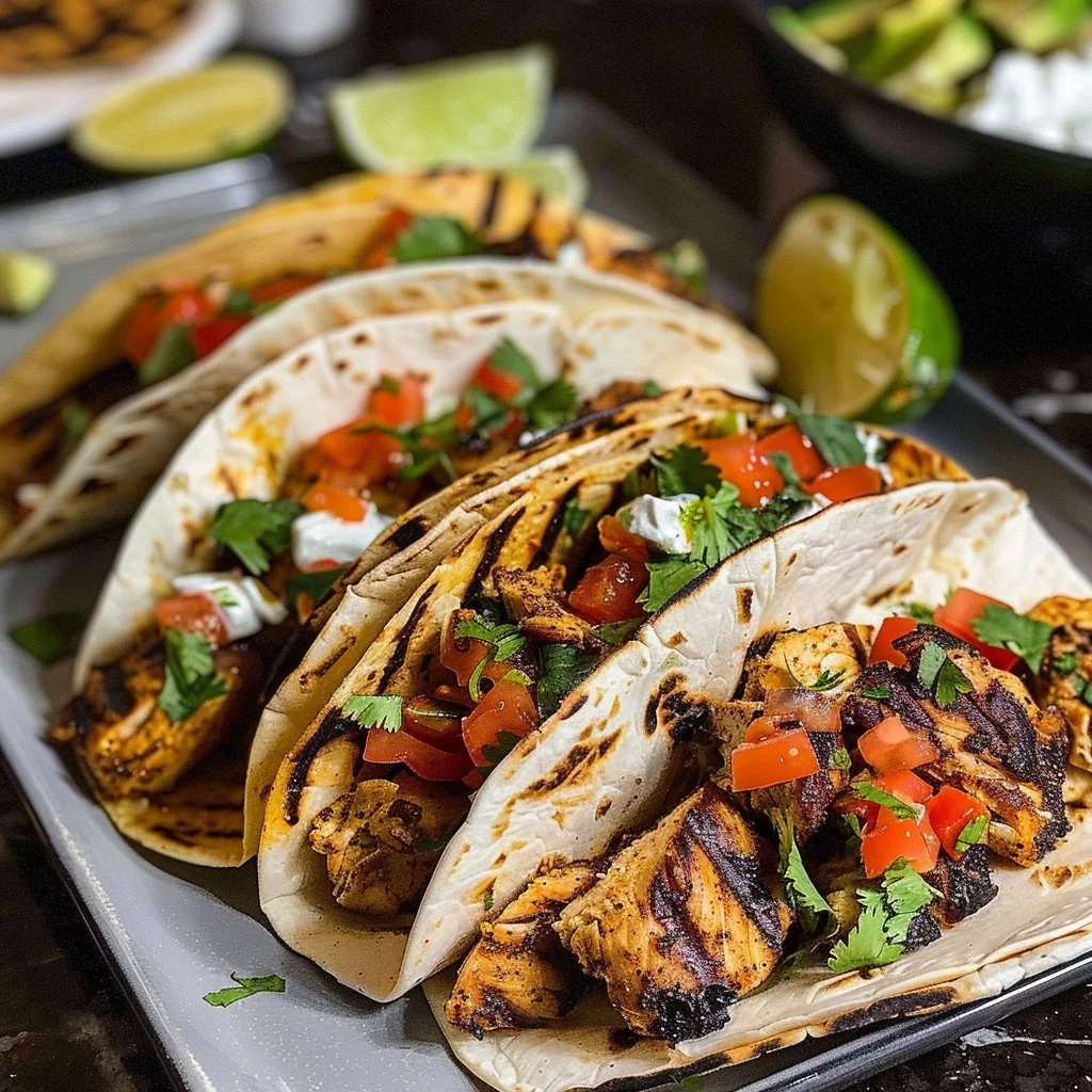 Delicious Mexican grilled chicken tacos served with fresh toppings
