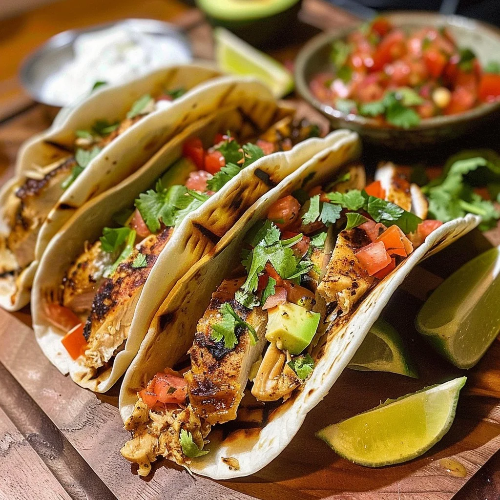 Delicious Mexican grilled chicken tacos served with fresh toppings