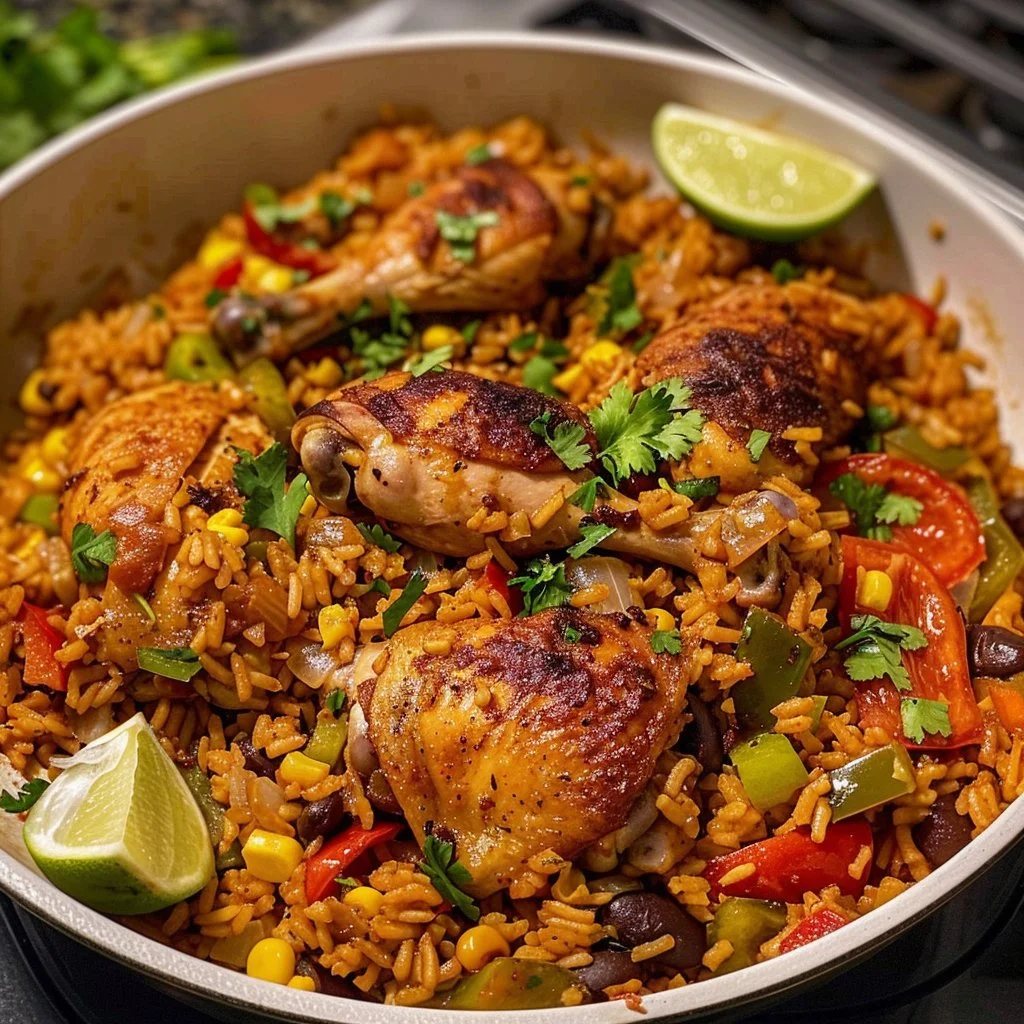 Delicious One Pot Mexican Chicken and Rice prepared with vibrant spices and fresh ingredients.