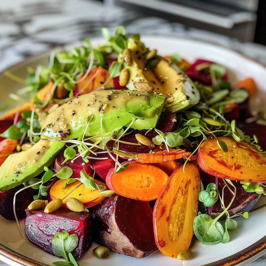 Roasted beet and carrot salad topped with avocado slices