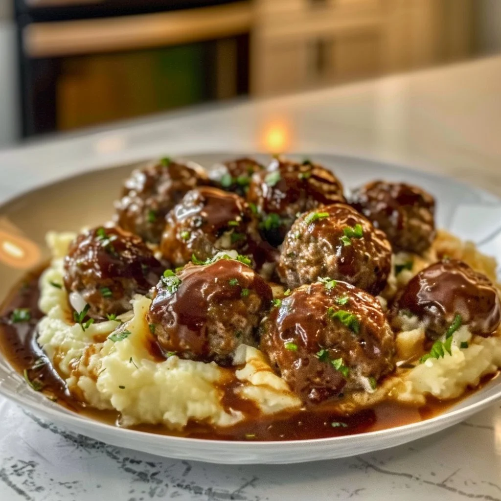 Salisbury Steak Meatballs served on a plate with rich gravy and fresh parsley.