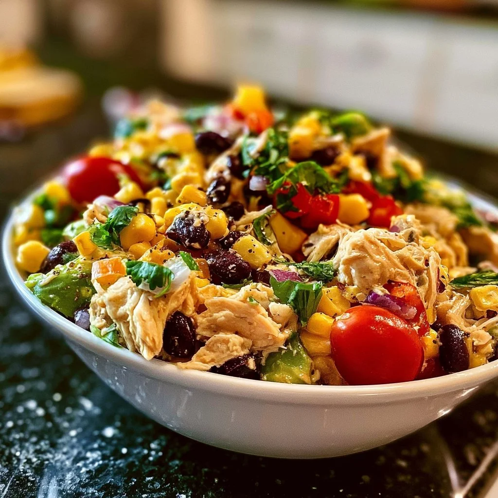 Bowl of Southwestern chicken salad with colorful vegetables and dressing