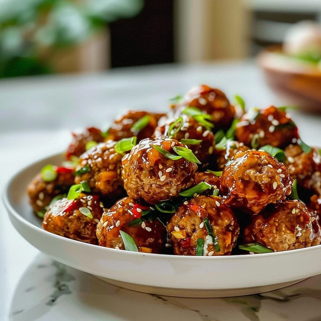 Plate of flavorful Asian meatballs served with dipping sauce.
