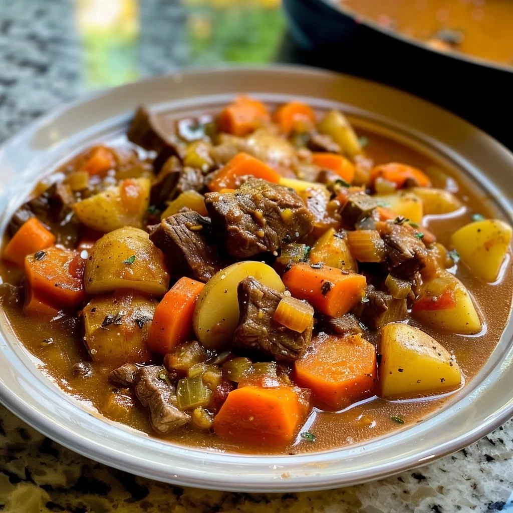 Delicious homemade beef stew served in a rustic bowl with fresh herbs.