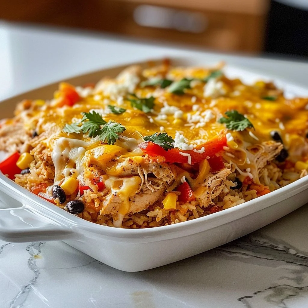 A delicious baked fajita casserole topped with cheese and colorful veggies.
